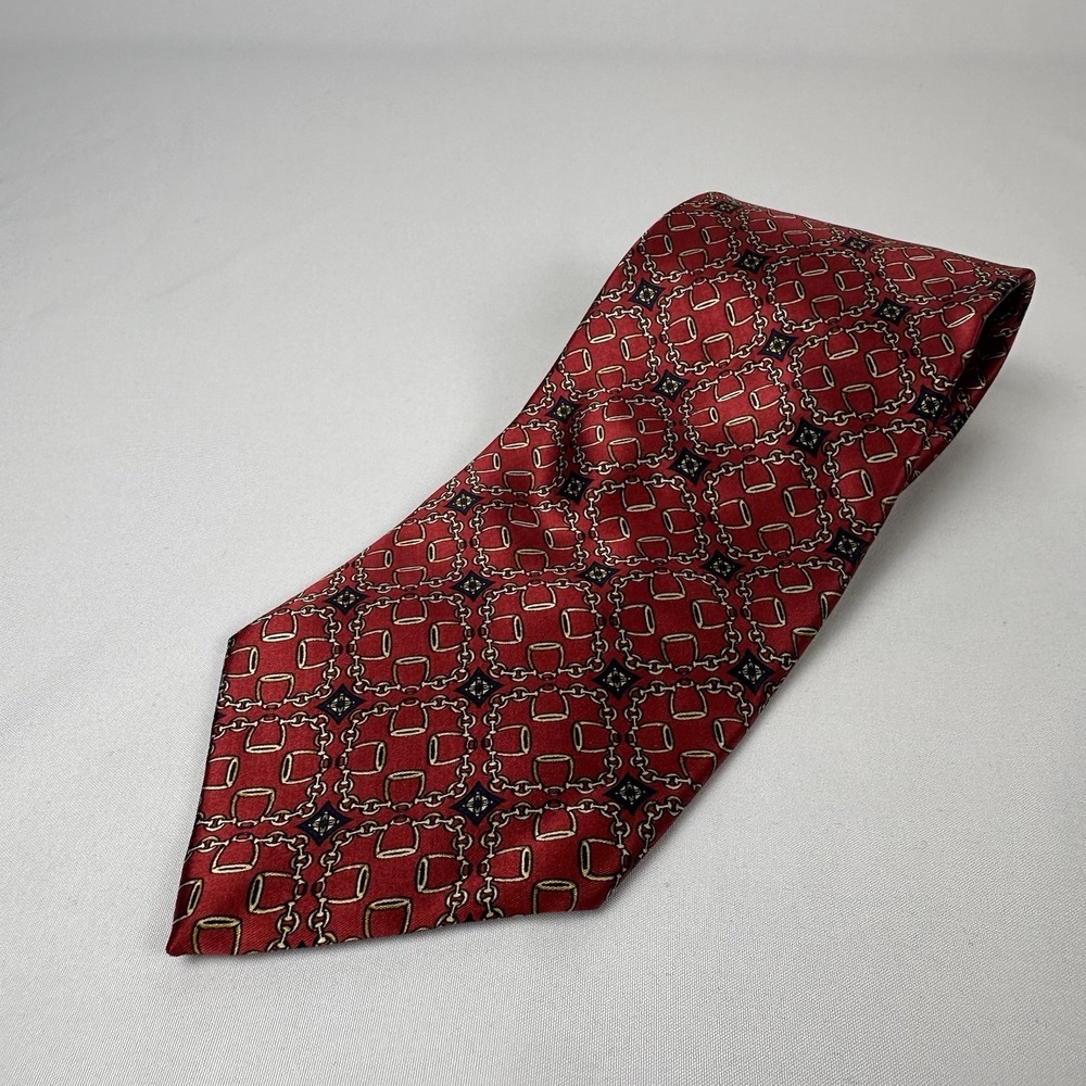 Luca Franzini Silk Tie Vintage Red Gold Navy Equestrian Chain Link Stirrup Italy